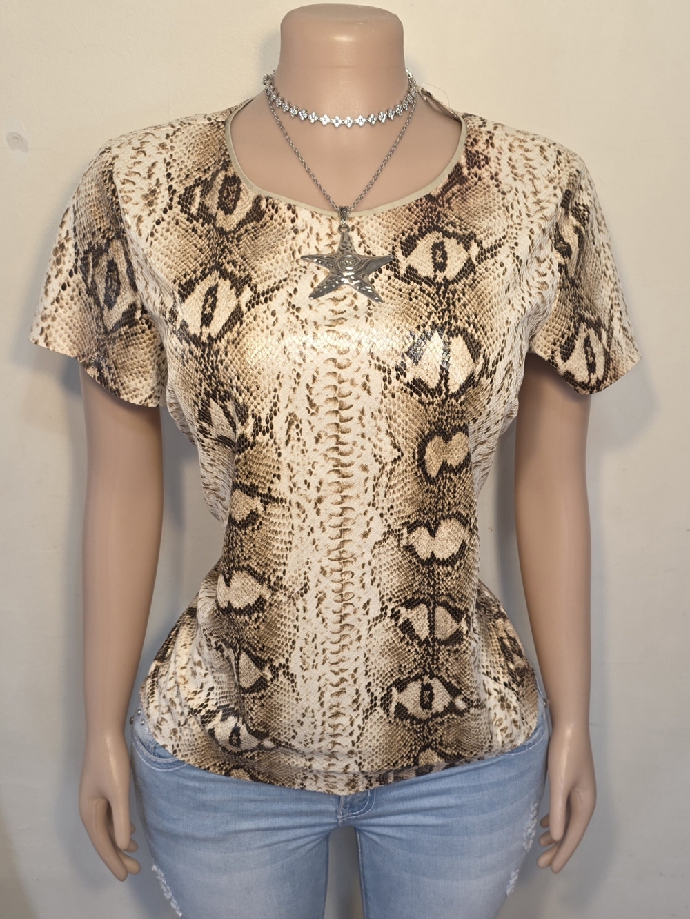 MICHAEL Michael Kors Beige and Brown Snake Print Short Sleeve Top